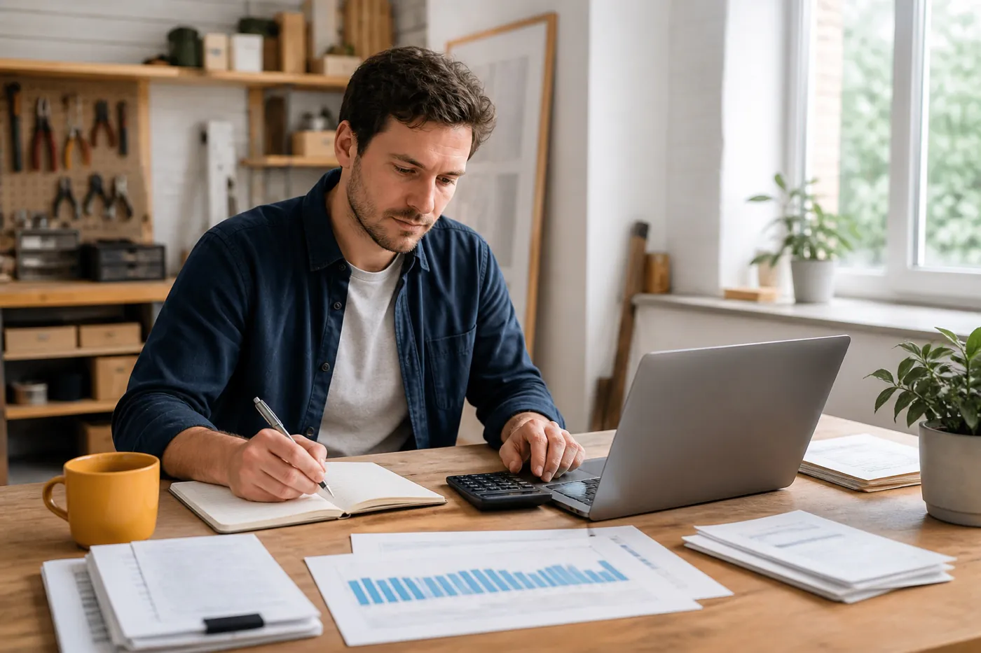 Začínající podnikatel plánuje cash flow u pracovního stolu